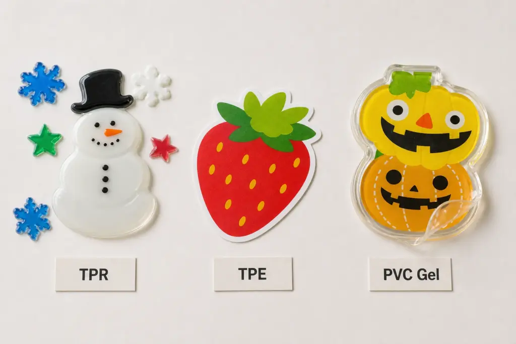 Gel cling material options including TPR TPE soft PVC gel and silicone references